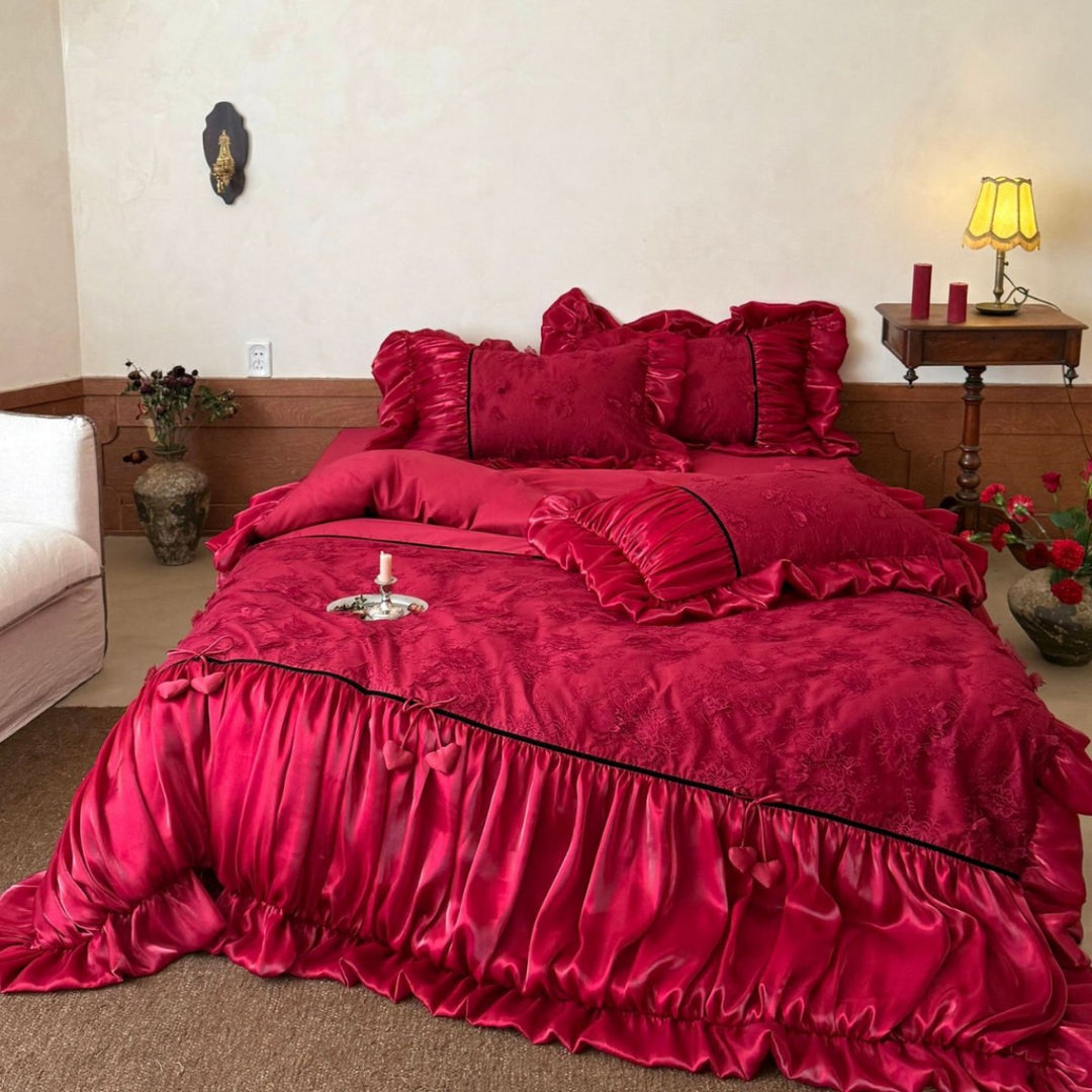 Opulentes Satin Bedding Set with Ruffle Trim, Jacquard Texture and Heart Appliqué