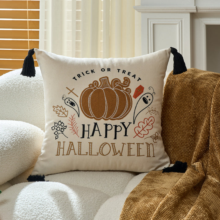 Tufted Ghost Appliqué Cotton-Linen Square Decorative Throw Pillow Cover