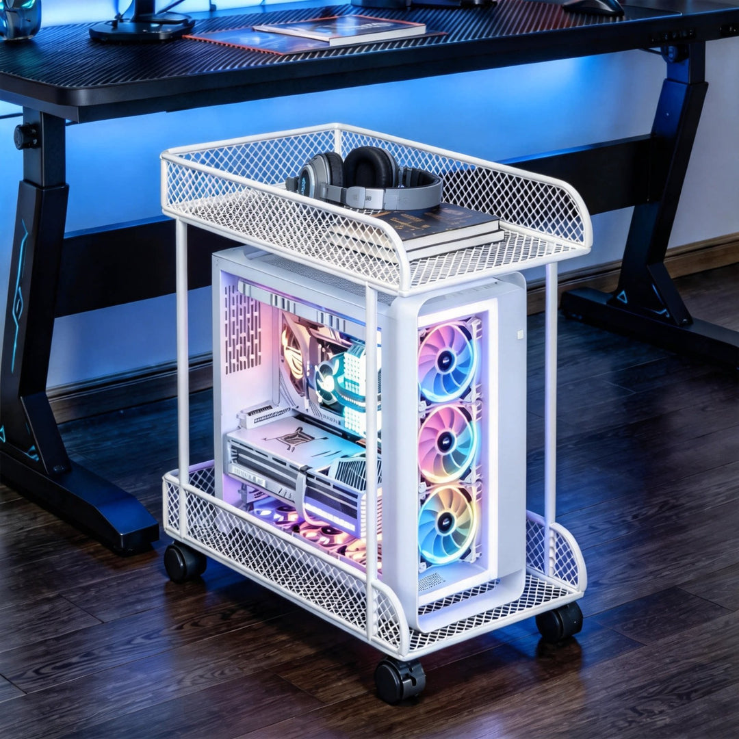 Under-Desk Rolling PC Tower Stand with Mesh Tray and Locking Casters