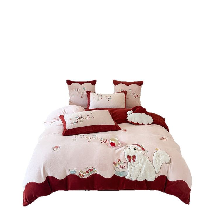 Embroidered Festive Plush Duvet Cover Bedding Set with Scalloped Hem & Decorative Pillow Shams