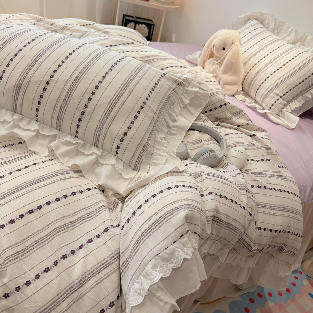 French Cottage Ruffled Cotton Duvet Cover Set with Striped Floral Embroidery and Frilled Pillow Shams