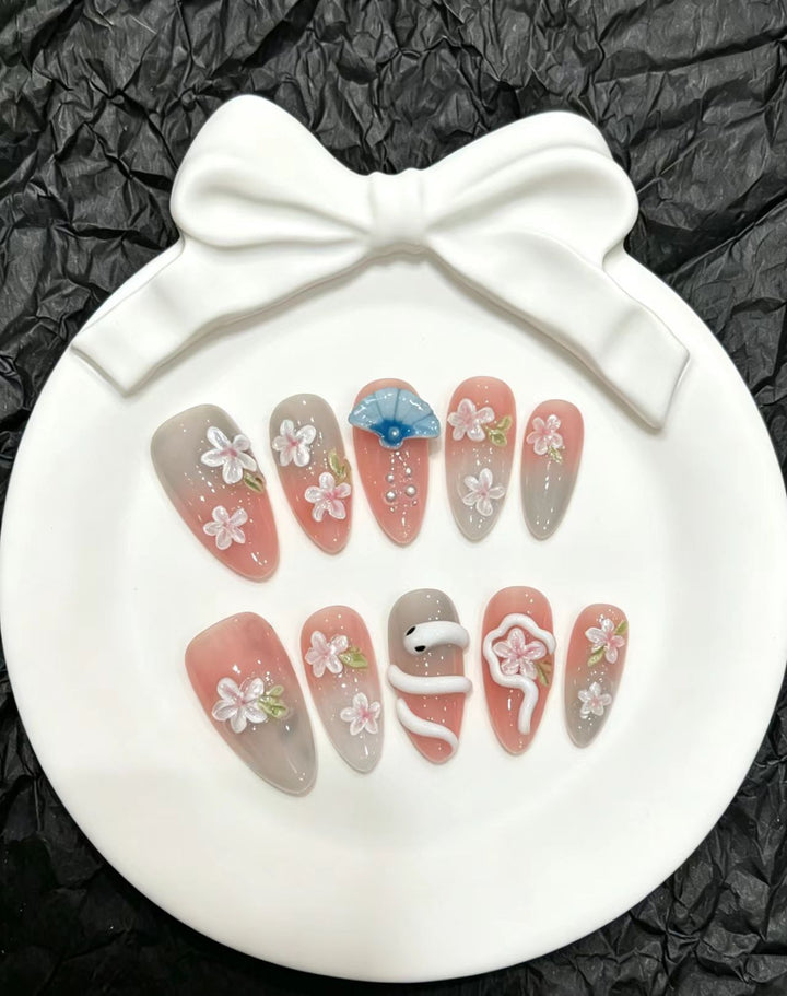 Decorative Press-On Nail Art Set with Floral and Umbrella Accents