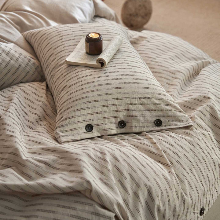 Button-Closure Striped Cotton-Linen Duvet Cover Set with Matching Pillowcases