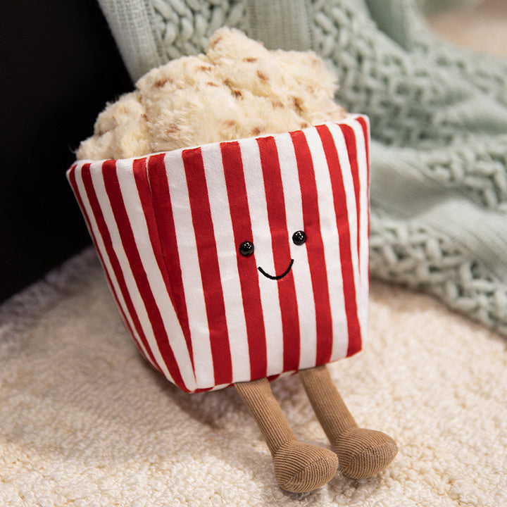 Kawaii Popcorn Box Plush Toy with Fuzzy Popcorn Top and Dangling Knit Legs Stornfield