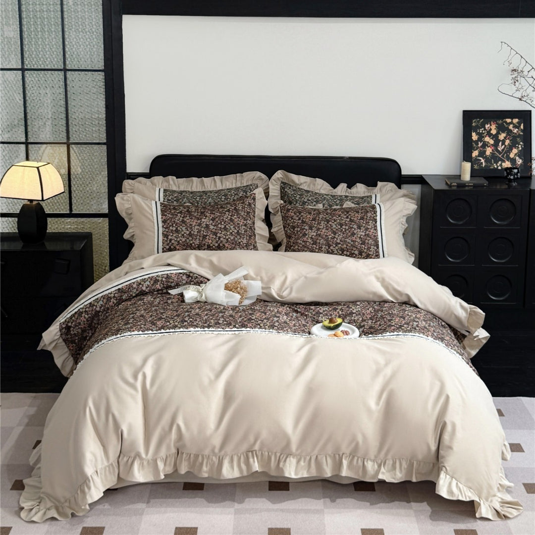 Ruffled-Edge Brushed Microfiber Duvet Cover Set with Center Floral Panel and Pillow Shams
