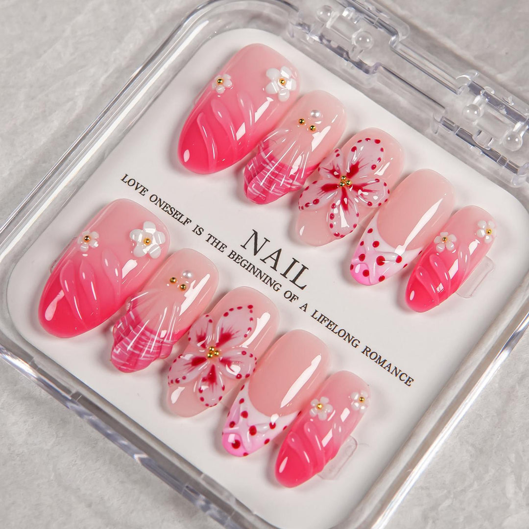 Decorative Press-On Nail Set with Floral Designs