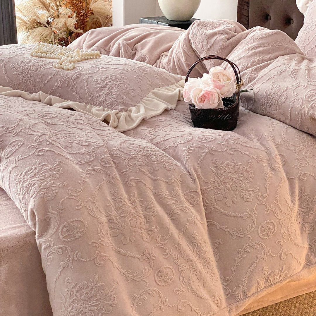 Embossed Floral Jacquard Duvet Cover Set with Ruffled Pillow Shams