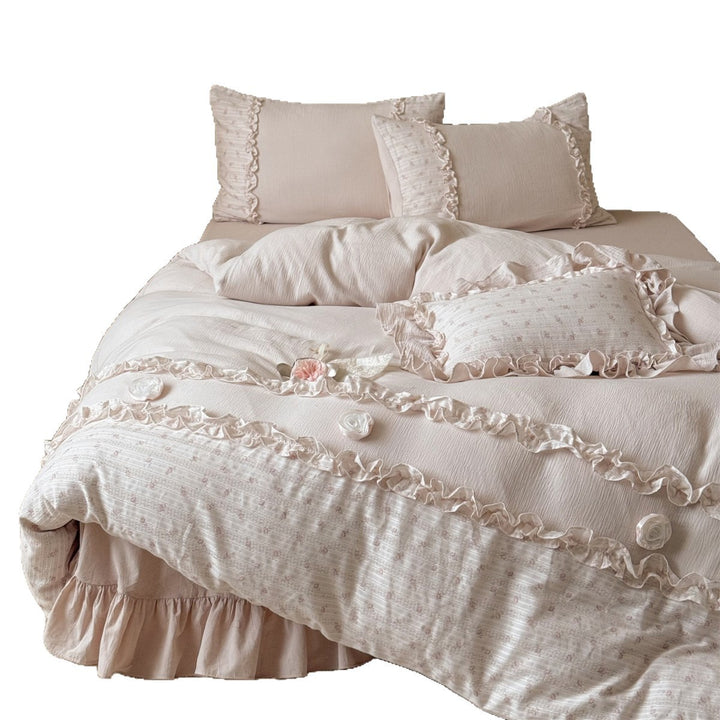 Ruffled Floral Cotton Muslin Duvet Cover Set with Decorative Pillow Shams