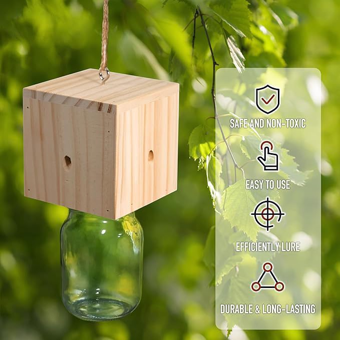 Hanging wooden bird feeder with glass jar seed reservoir and natural jute hanger Stornfield