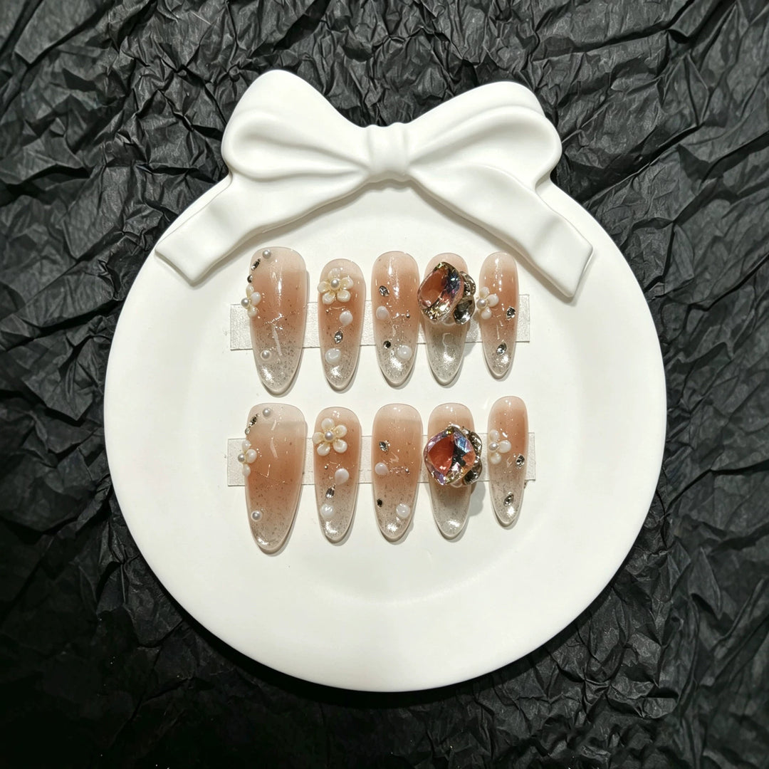 Decorative Press-On Nail Art Set with Floral and Gem Accents  1791773626