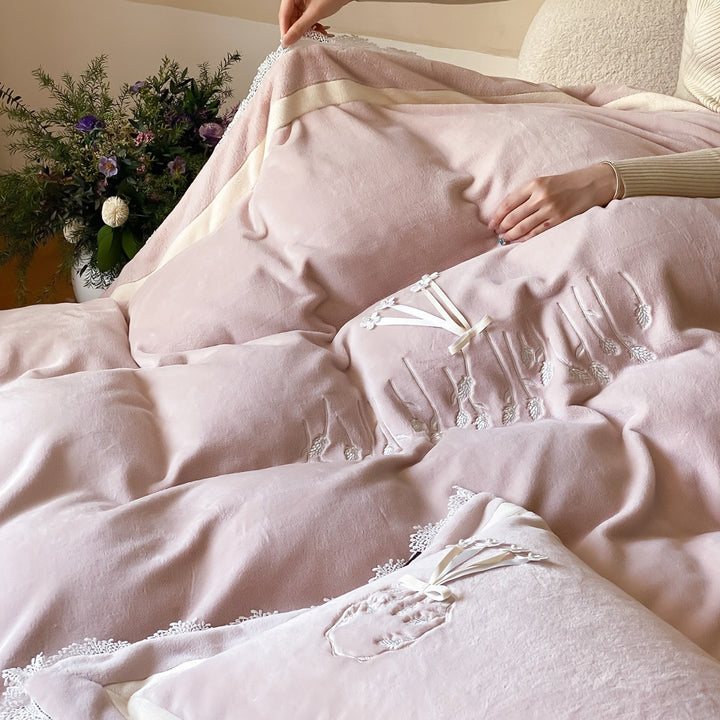 Embroidered Lace-Trim Plush Velvet Duvet Cover Set with Decorative Pillow Shams