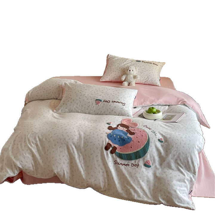 Playful Tufted Appliqué Cotton Duvet Cover Set with Microdot Print
