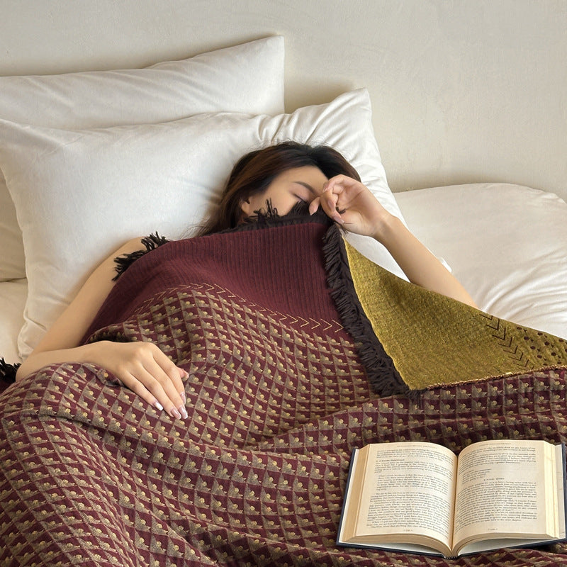 Woven Waffle-Texture Fringed Throw Blanket