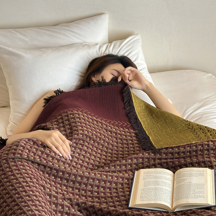 Woven Waffle-Texture Fringed Throw Blanket