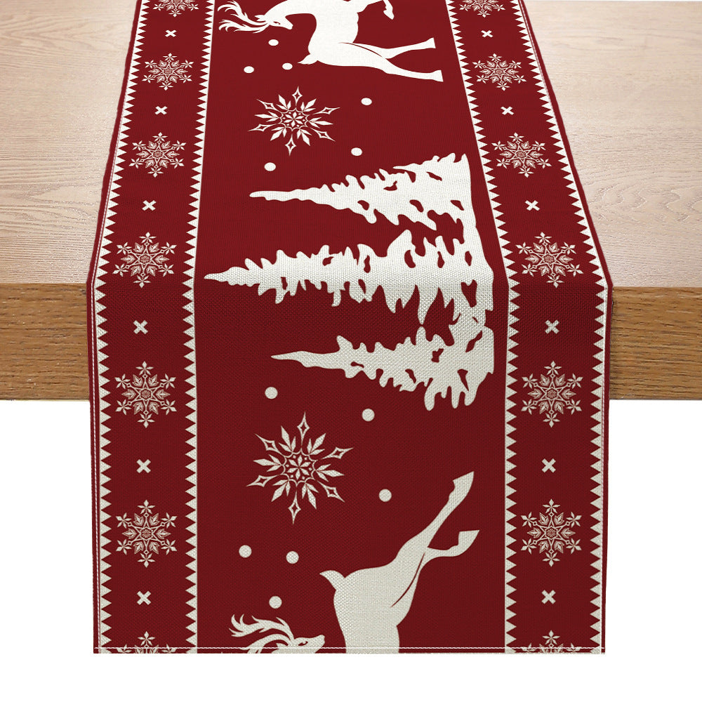 Buffalo-Edge Cotton-Linen Christmas Table Runner with Merry Christmas Tree Art