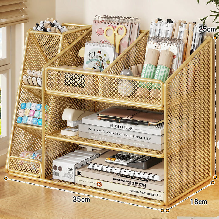Slanted Mesh Desktop Multi-Compartment Stationery and Document Organizer