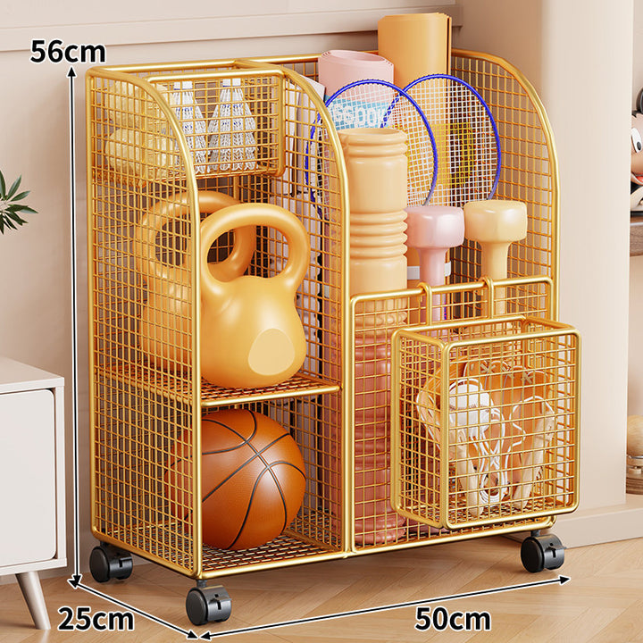 Rolling Mesh Sports Gear Storage Cart with Multi-Compartment Organizers and Locking Casters