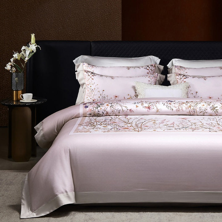 Luxe Satin-Feel Floral Center-Panel Duvet Cover Set with Rolled Bolster & Euro Shams