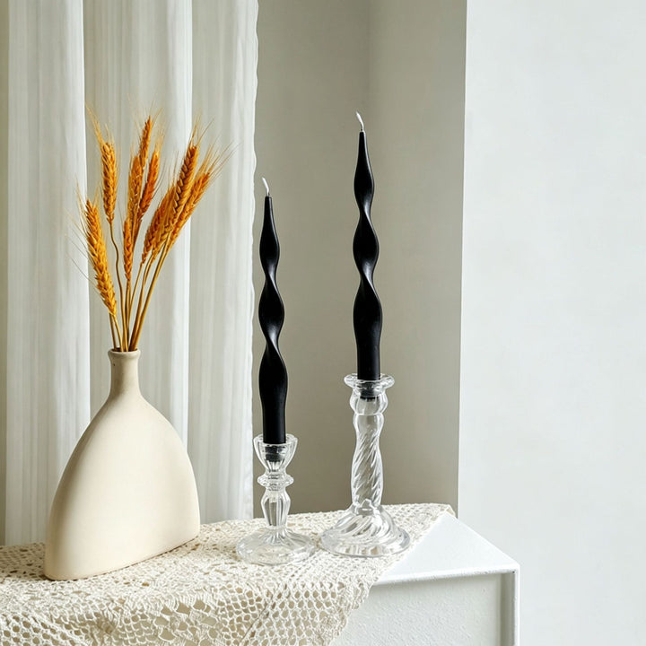 Hand-Poured Sculptural Wave Taper Candle Set with Crystal Glass Holders