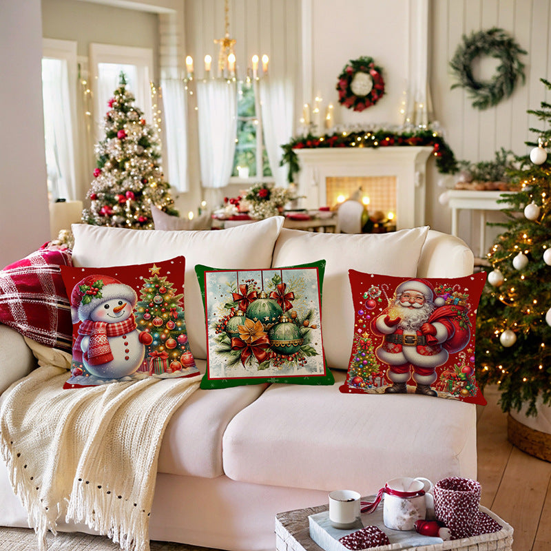 Festive Square Cotton-Linen Throw Pillow Cover with Christmas Snowman and Illuminated Tree Print