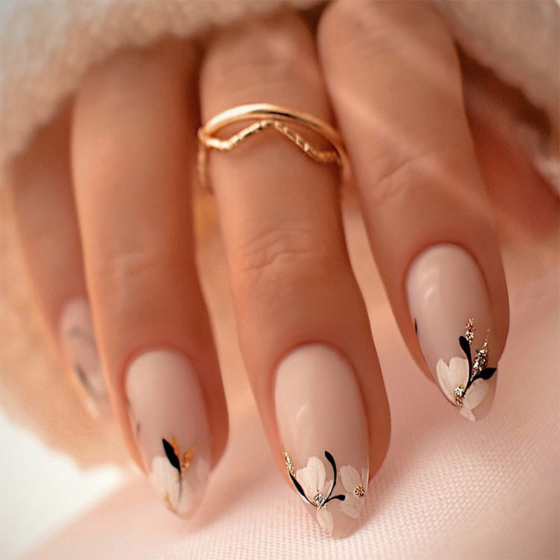 Decorative Press-On Nail Set with Artistic Floral Design Stornfield