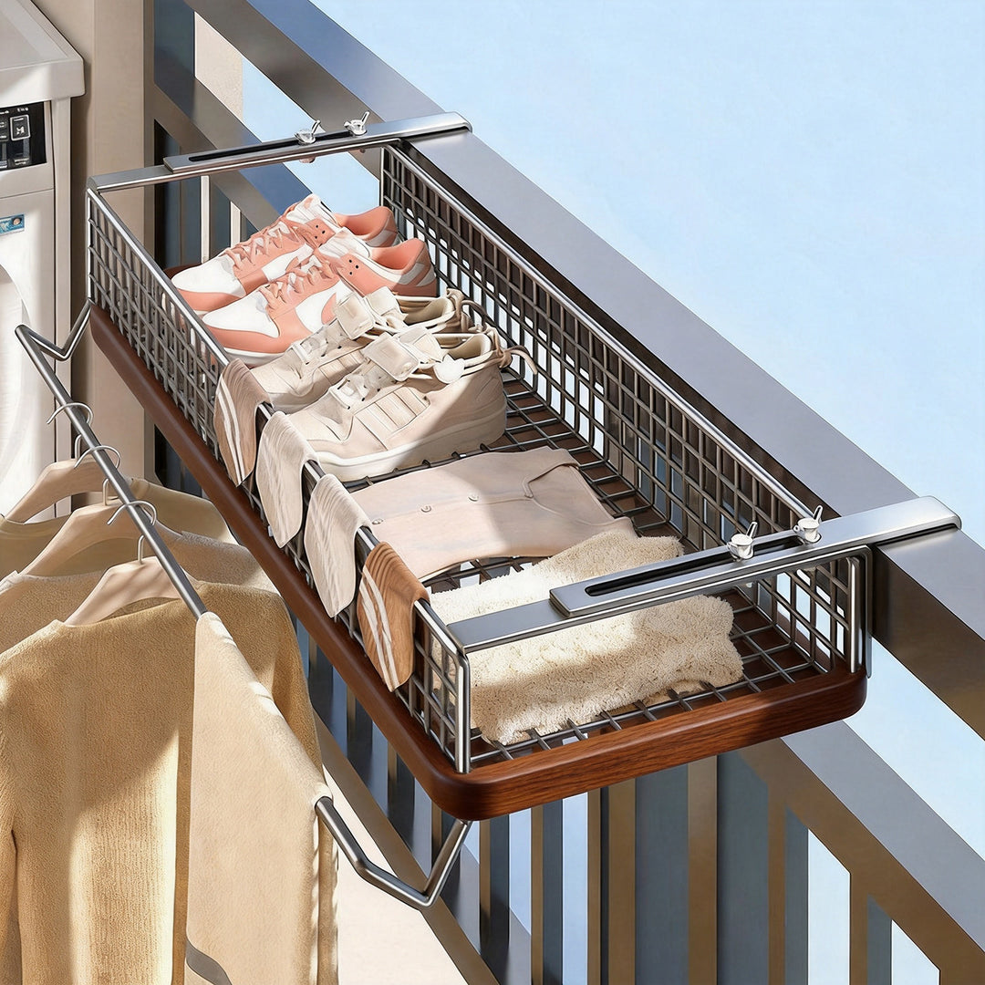 Balcony Railing Hanging Shoe and Drying Rack with Wire Basket and Adjustable Clamp