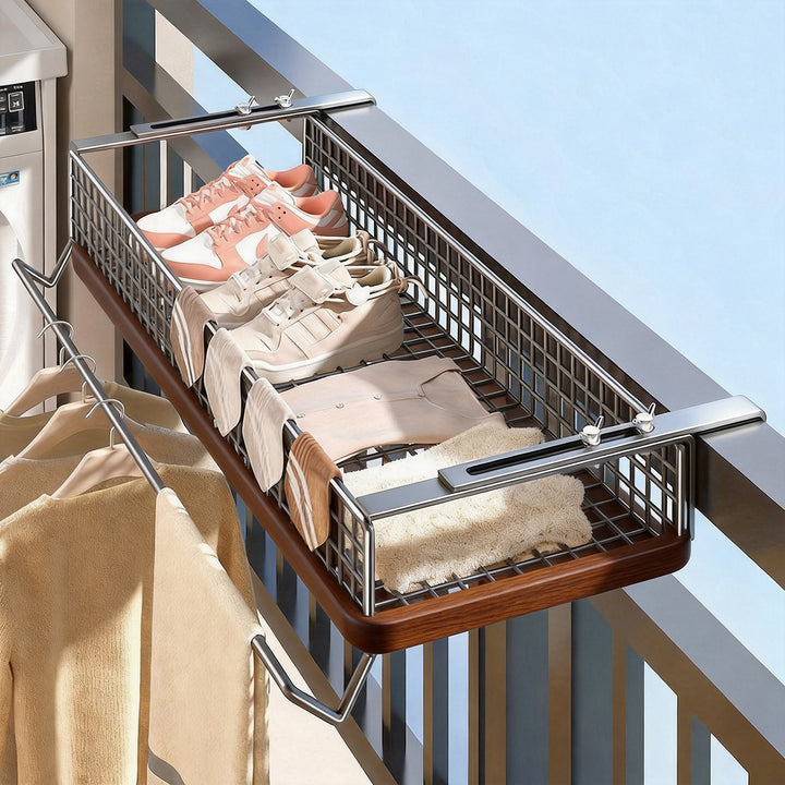 Balcony Railing Hanging Shoe and Drying Rack with Wire Basket and Adjustable Clamp