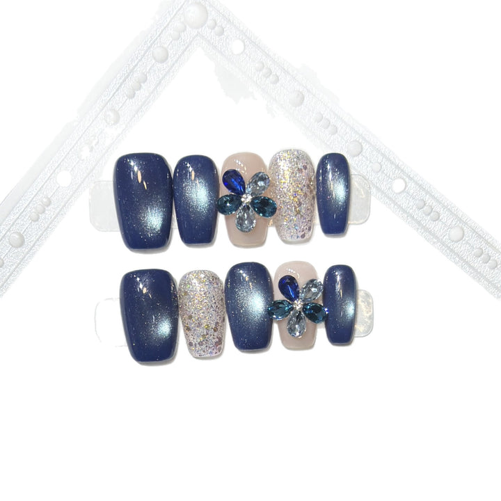 Elegant Floral Press-On Nail Set with Gemstone Accents Stornfield