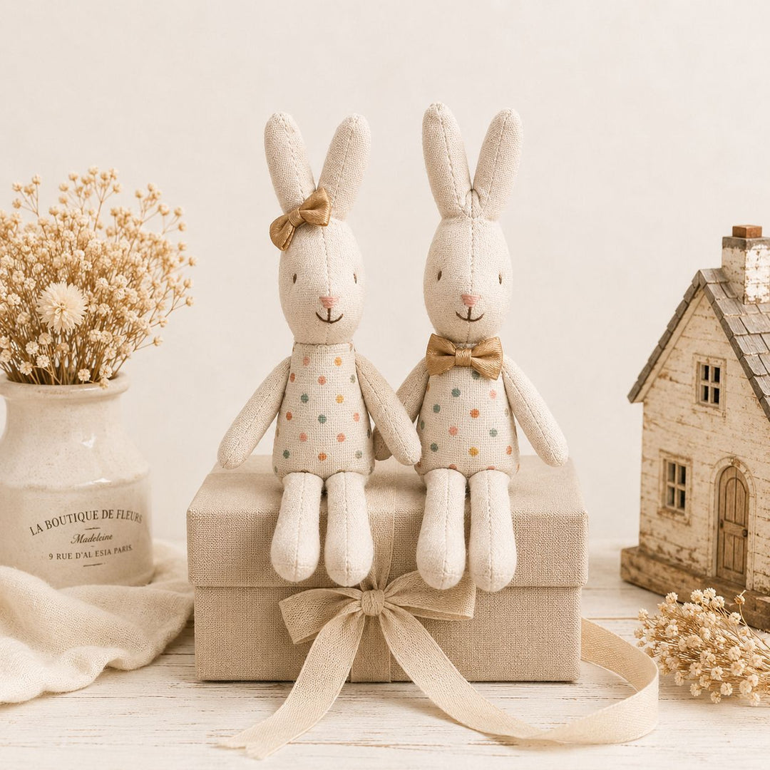 Hand-Sewn Linen Bunny Comforter Doll with Gingham Pocket Dress