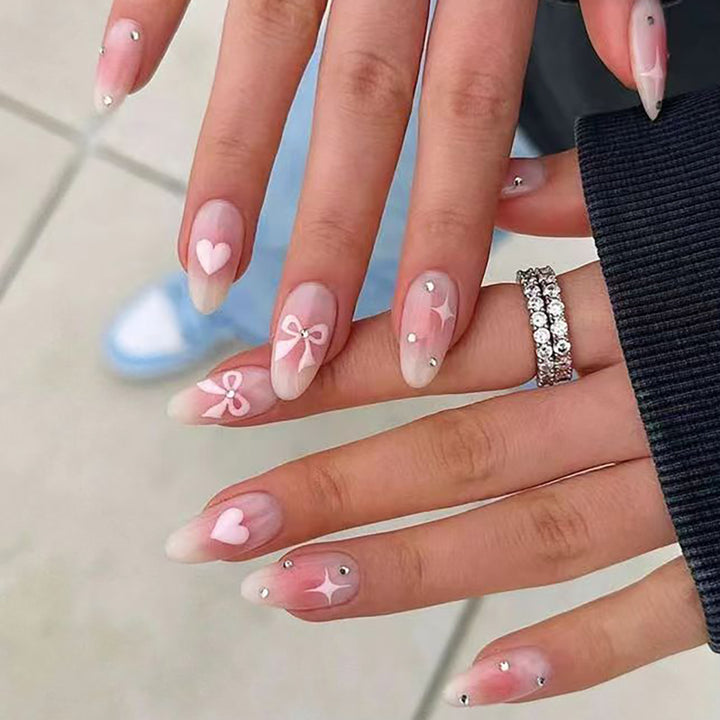 Decorative Press-On Nail Art Set with Bow and Heart Accents Stornfield