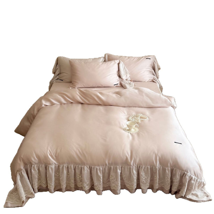 Extravagant satin duvet cover set with ruffled lace trim and silky smooth texture