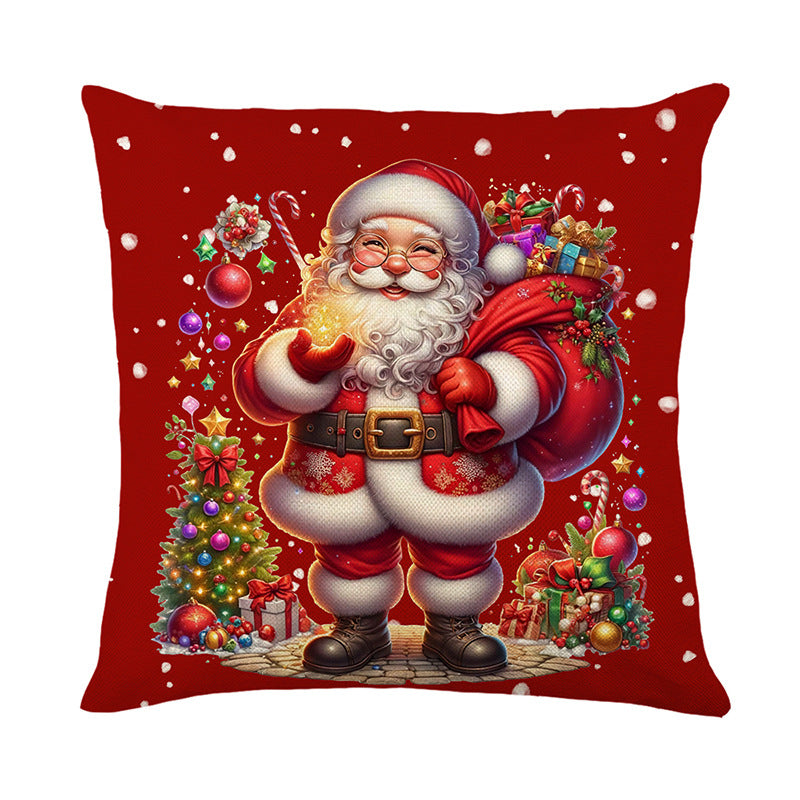 Festive Square Cotton-Linen Throw Pillow Cover with Christmas Snowman and Illuminated Tree Print