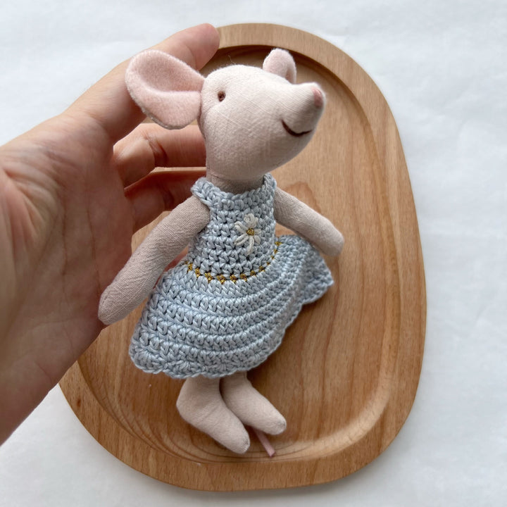 Handcrafted Cotton Plush Mouse Doll with Crochet Dress