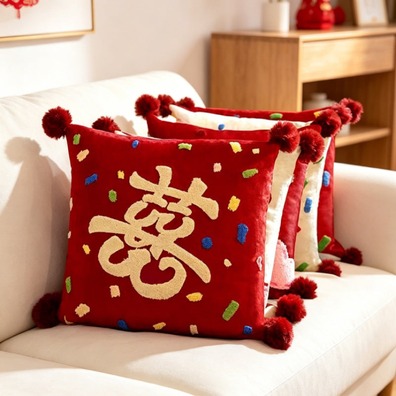 Colorful Chenille Tufted Square Throw Pillow with Plush Pom-Pom Corners and Removable Insert