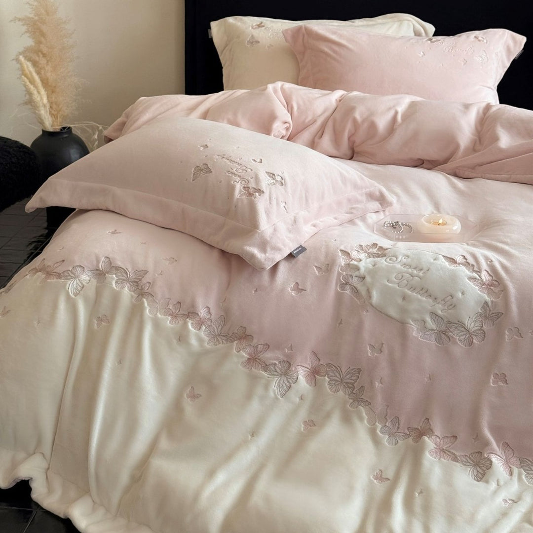 Soft-Touch Butterflies Embroidered Cotton-Blend Duvet Cover Set with Piped Pillow Shams