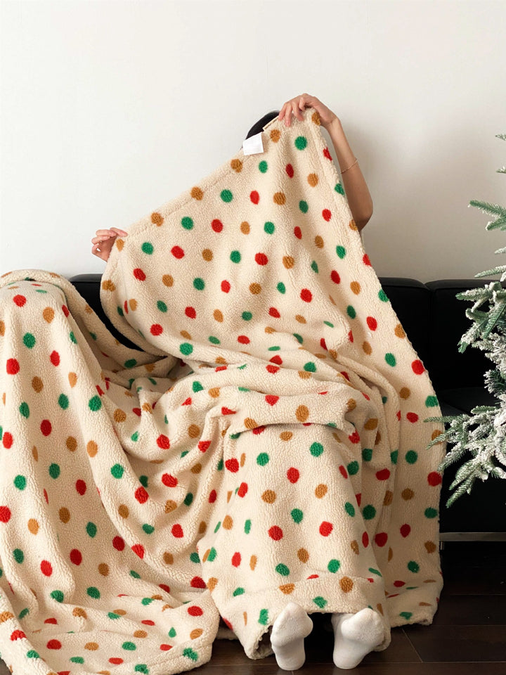 Cozy sherpa throw blanket with colorful dot appliqués and matching cushion cover