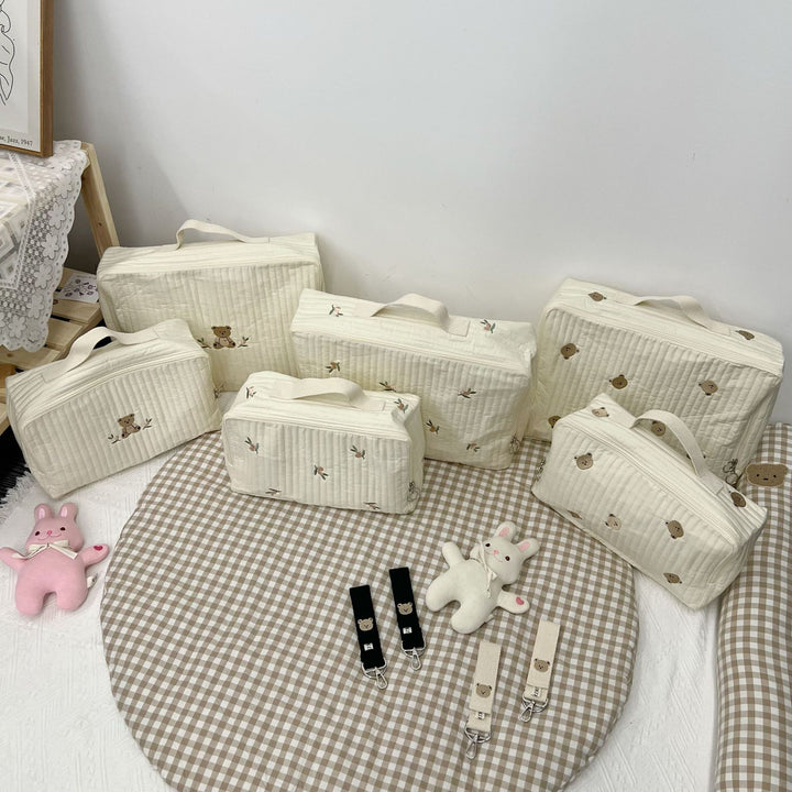 Quilted Portable Baby Mattress Carry Case with Handle and Embroidered Fruit Motif