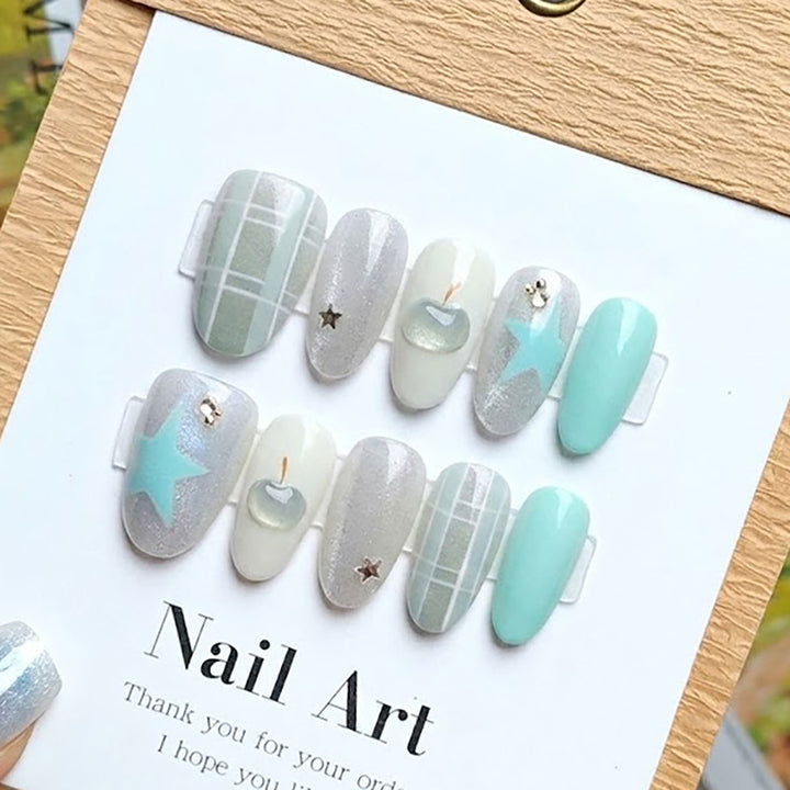 Artistic Press-On Nail Set with Star and Apple Designs Stornfield
