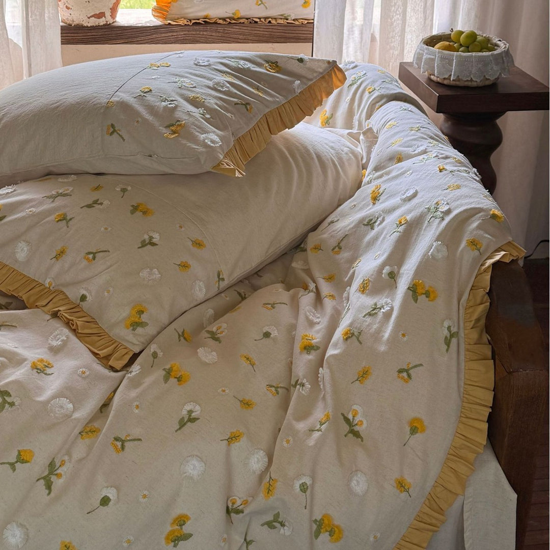 Embroidered Floral Ruffled Duvet Cover Set with Pleated Ruffle Edge and Matching Shams