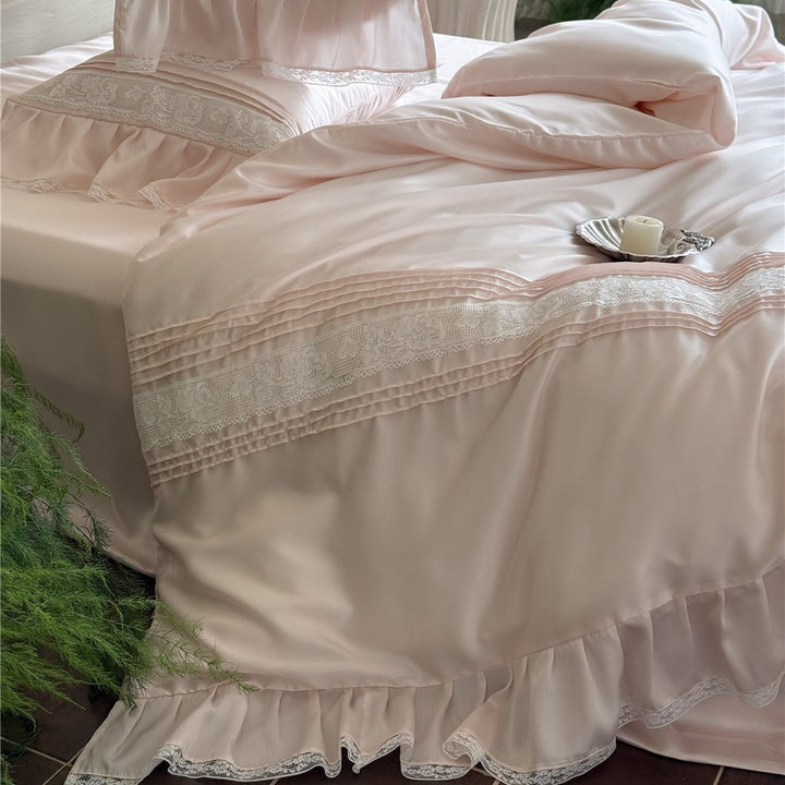Luxury Satin Ruffled Lace-Trim Duvet Cover Set
