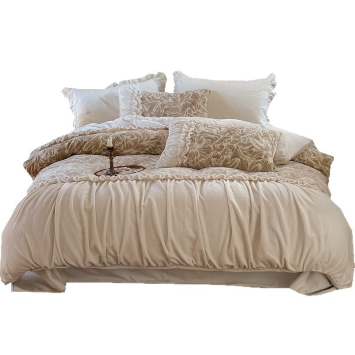 Ruched Gathered Cotton Sateen Duvet Cover Set with Floral Jacquard Quilted Shams and Ruffled Edge