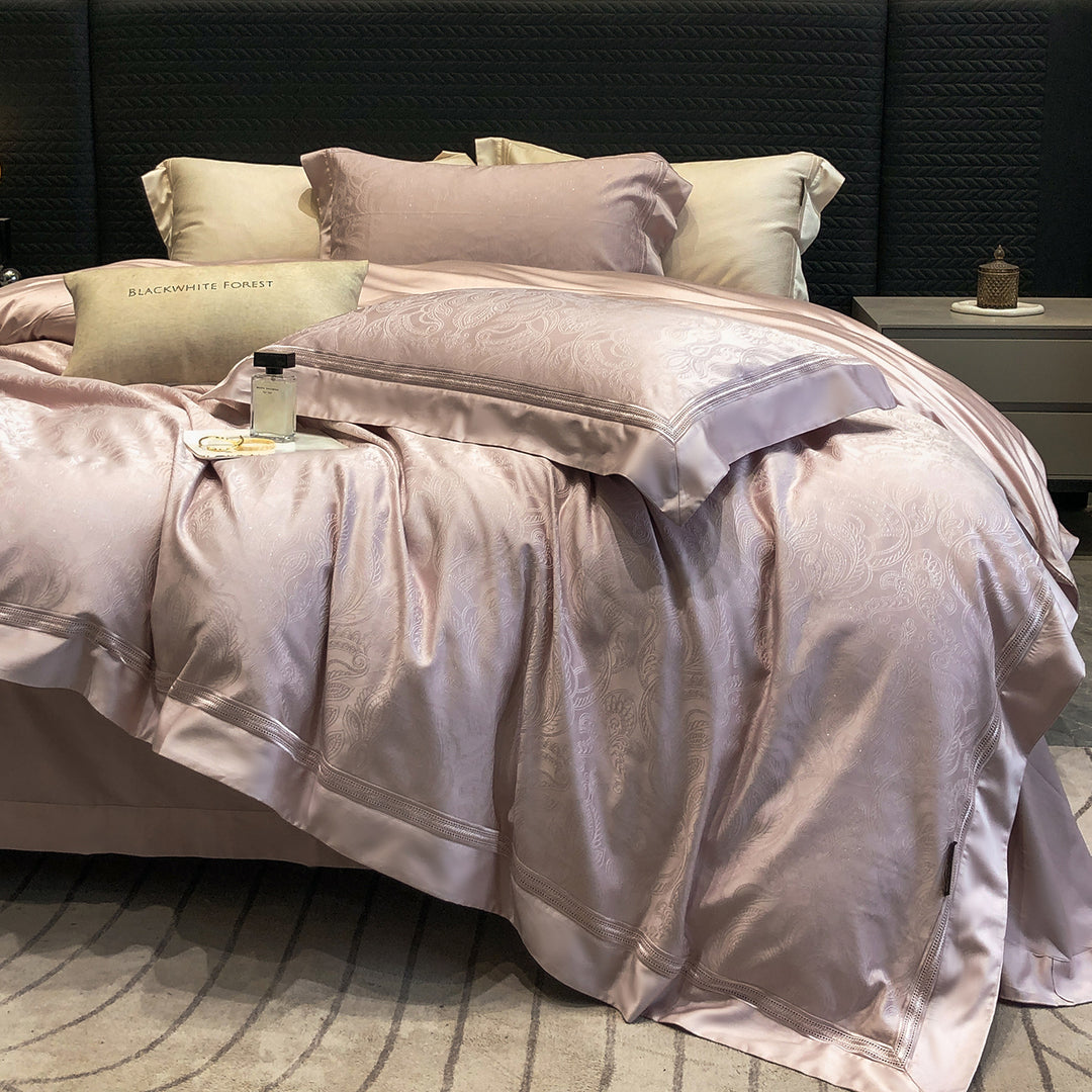 Premium cotton satin bedding set with structured matelassé border and hotel closure