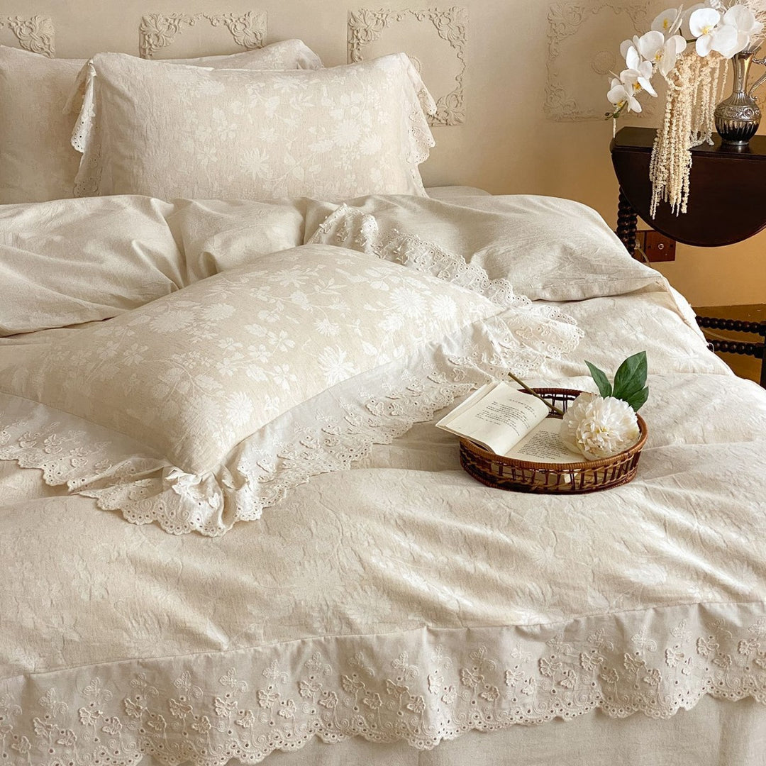 Lace-Trim Floral Jacquard Duvet Cover Set