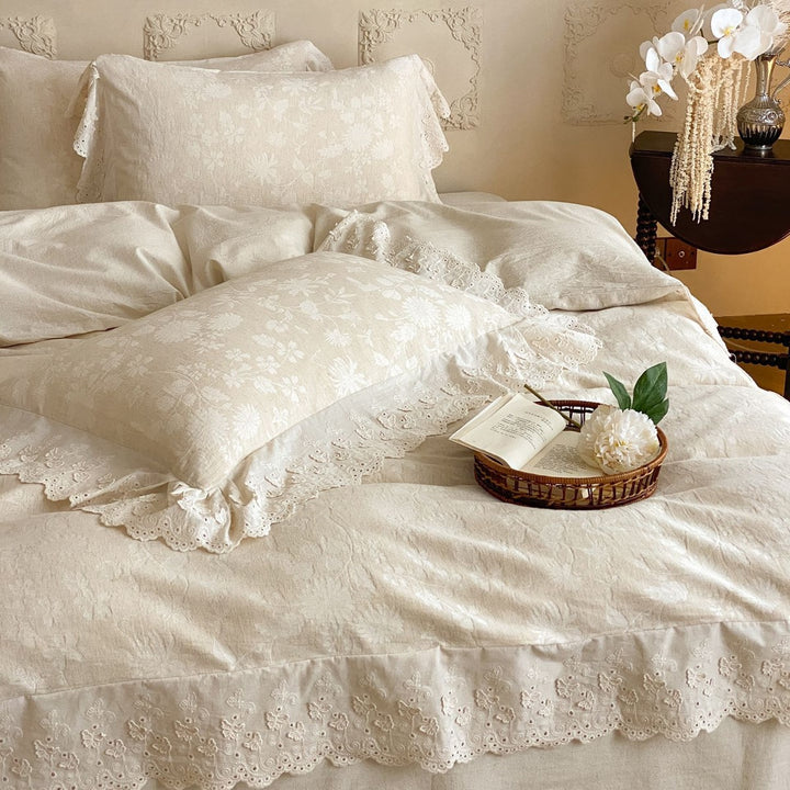 Lace-Trim Floral Jacquard Duvet Cover Set