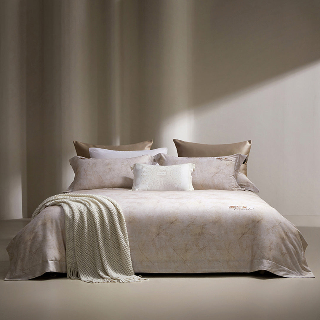 Marble-Effect Cotton Sateen Duvet Cover Set with Knitted Throw and Oxford Shams