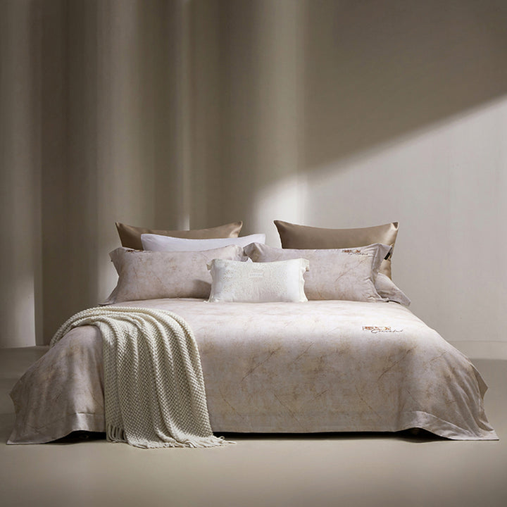 Marble-Effect Cotton Sateen Duvet Cover Set with Knitted Throw and Oxford Shams