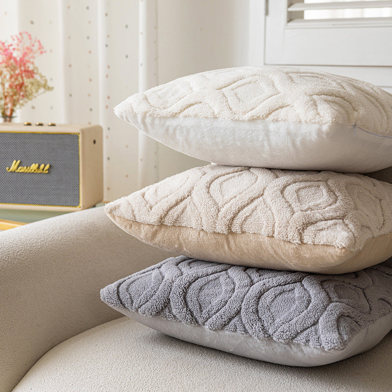 Plush Textured Lumbar Throw Pillow Cover with Embossed Wave Chenille Pattern