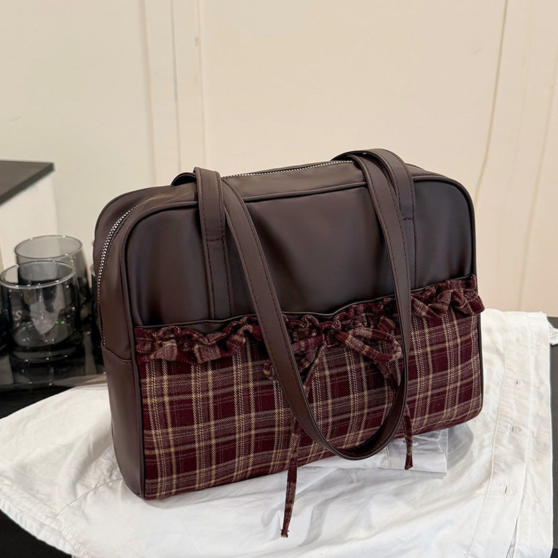 Stylish Plaid Trimmed Satchel