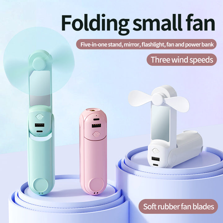 Unisex nan foldable handheld fan with built in USB power bank and compact mirror Stornfield
