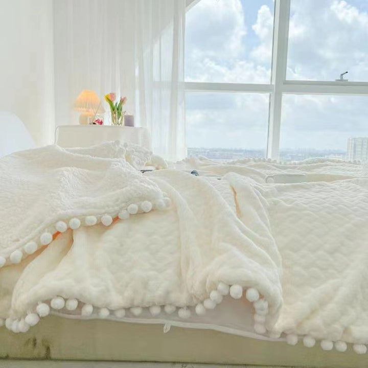 Plush Reversible Sherpa Throw Blanket with Pom-Pom Edge